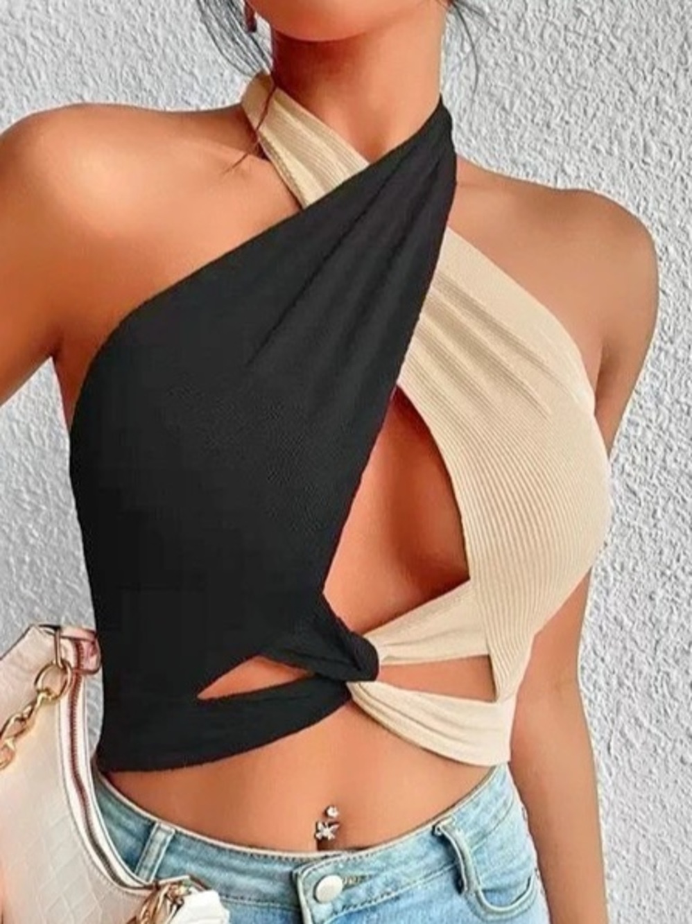 SHEIN SXY Twist Front Cut Out Crop Halter Top Black & Cream size small